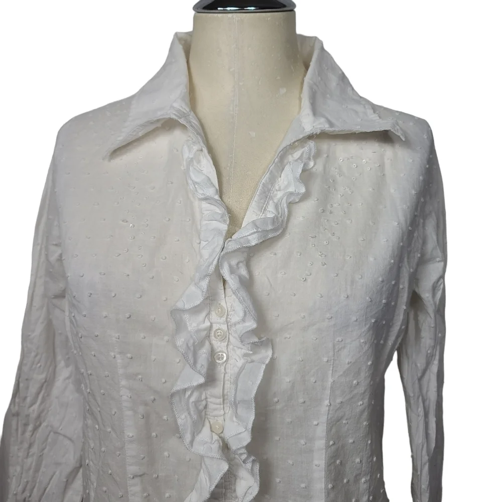BCBGMAXAZRIA White Swiss Dot Ruffle Long Sleeve Button Down Blouse L - Picture 2 of 8